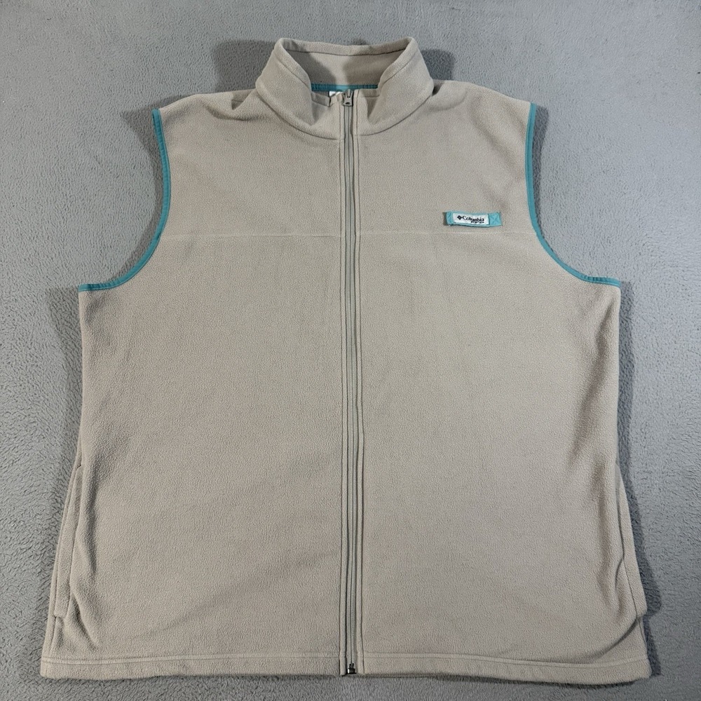 Columbia Sweater Vest 3XT Grey/Beige Teal Trim Fleece Full Zip Lightweight